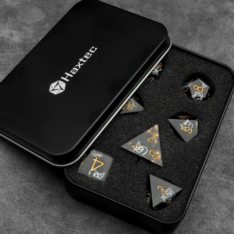 Haxtec Sticker Sharp Edge Dice Halloween Dice Resin DND Dice Set 7PCS Glow in The Dark Polyhedral D&D Dice for Compatible with Dungeons and Dragons - Image 5